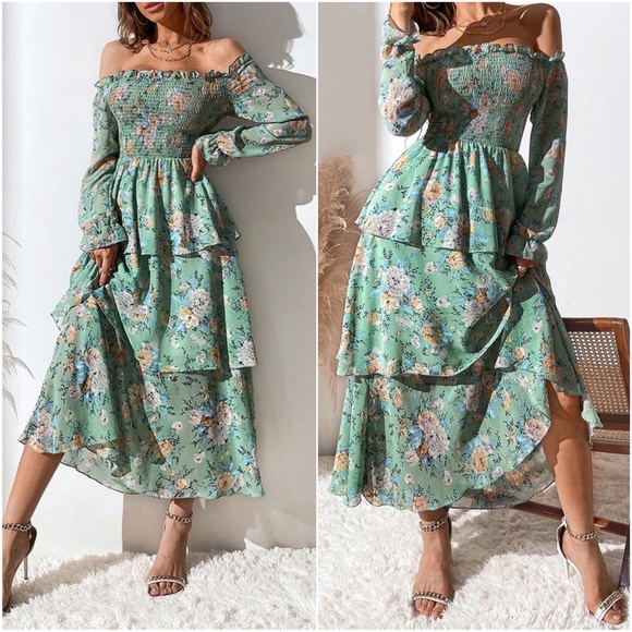 Boho Floral Print Off Shoulder Maxi Dress - Picture 2 of 7